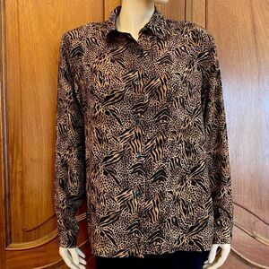 Vintage Leopard Top Long Sleeve Blouse Animal Print Button Up Silk Shirt Size M